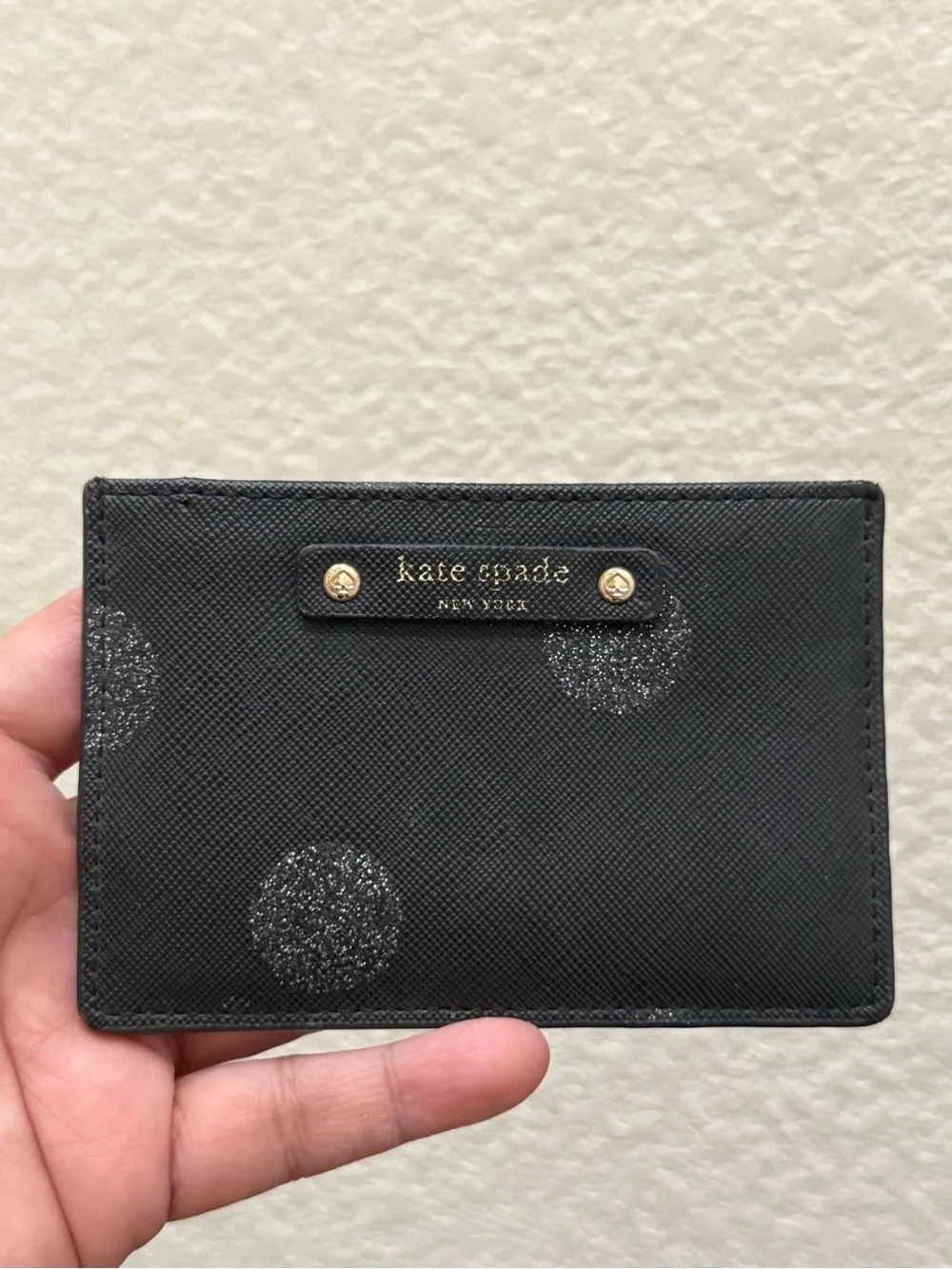 KATE SPADE Haven Lane Graham Glitter Black Crossgrain Leather Card Case Wallet